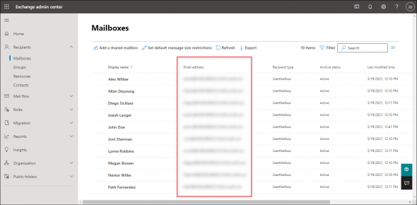 Finding the primary SMTP address in the Exchange admin center – Exchange Online.