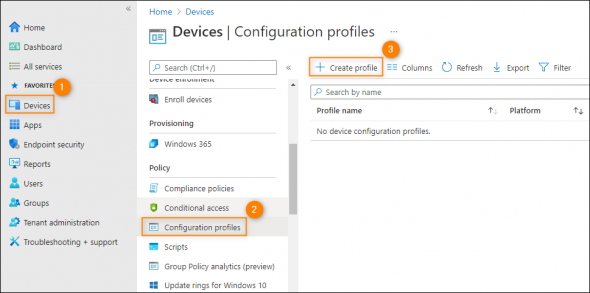Accessing the configuration profile creation settings in the Microsoft Endpoint Manager admin center.