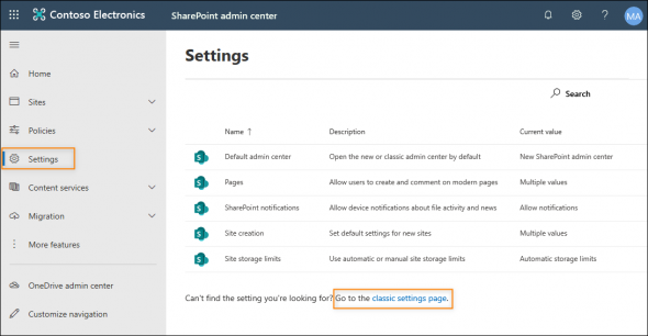 Accessing the classic SharePoint admin center settings