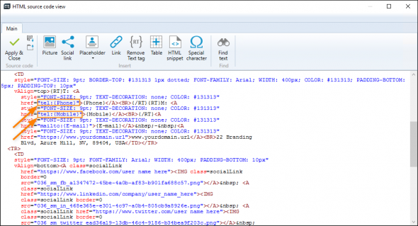 Changed instances of the phone link's scheme in the HTML source code view.