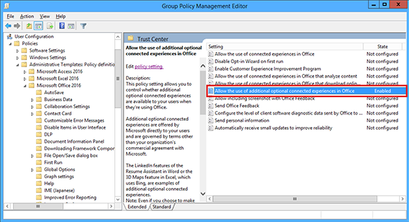 Allow the use of additional optional connected experiences in Office.
