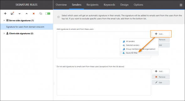 Adding the Azure AD filter on the Senders tab.