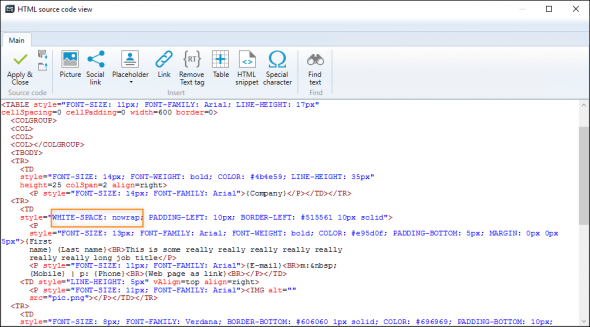 Defining the CSS white-space property in an HTML element (table cell).