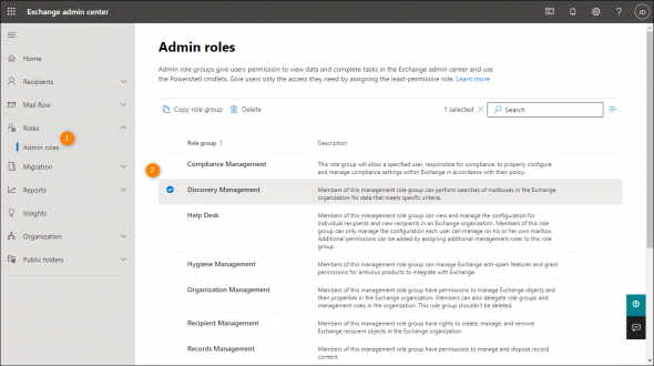 Opening the Discovery Management role group for editing.