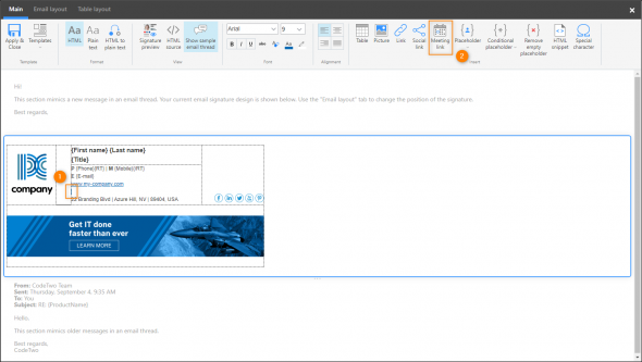 Selecting the position of the Teams link and opening the Insert meeting link window.