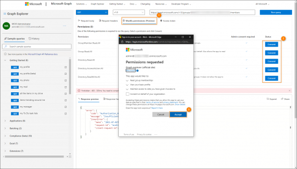 Granting the permissions necessary to run the query.