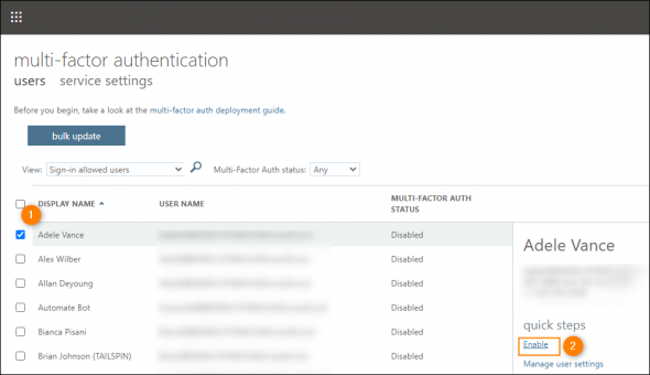 Enabling multi-factor authentication for an admin account used in CodeTwo software.