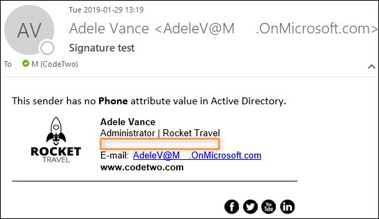 Depending on your signature layout, an extra text line might remain after an AD attribute placeholder is removed. This can be easily fixed.