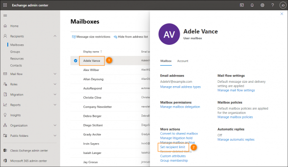 Changing the recipient limit for a single mailbox in the Exchange admin center.