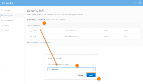 Creating a new app password in Microsoft 365.