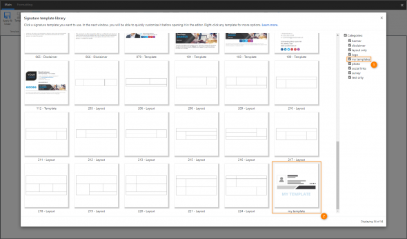 Selecting a custom template from the signature template library.