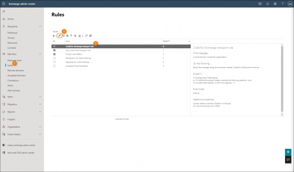 Opening the CodeTwo Exchange transport rule in the Exchange admin center.