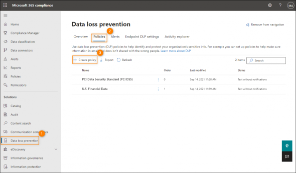 Accessing the wizard to create a new DLP policy.