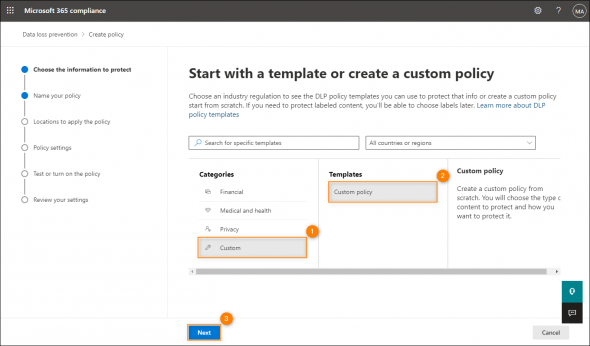 Choosing the custom type of the DLP policy.