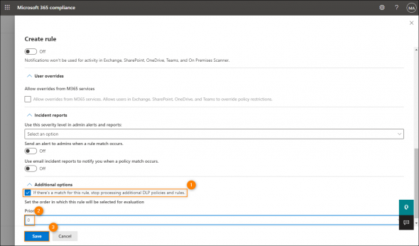 Configuring additional options and saving the rule.