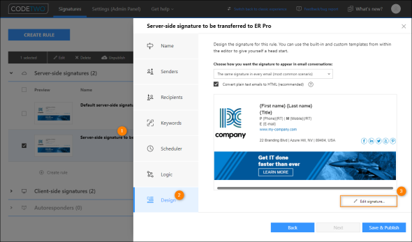 Opening the chosen cloud (server-side) signature template in CodeTwo Email Signatures 365.