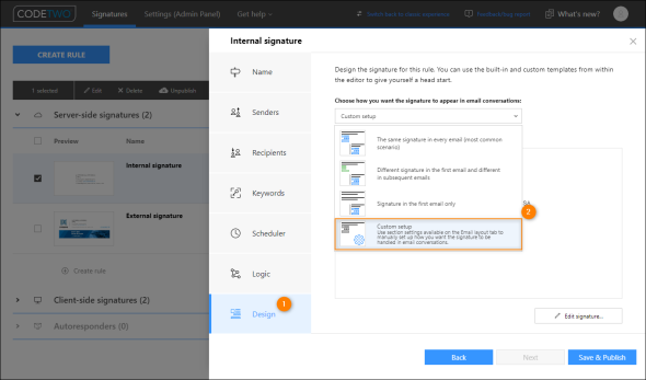 Selecting the Custom setup management option for email signatures in CodeTwo Email Signatures 365.