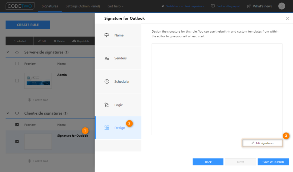 Opening the signature editor to design an Outlook (client-side) signature template.