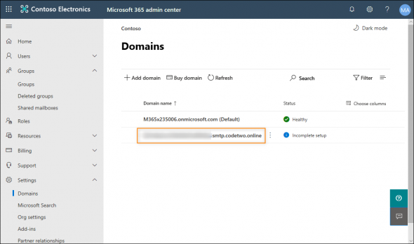The CodeTwo domain added to Office 365 after the provisioning of CodeTwo Email Signatures for Office 365.
