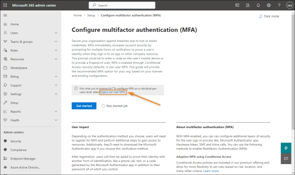 Accessing the per-user MFA settings.