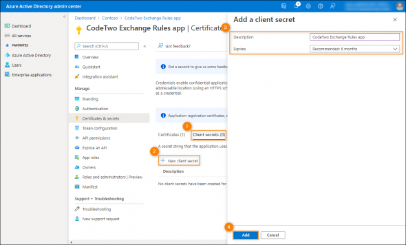 Creating a new client secret for an application registered in Azure AD.