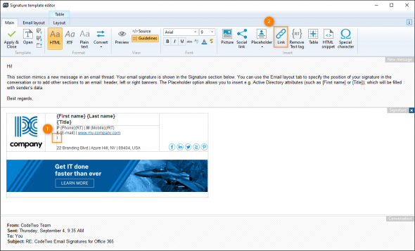 Selecting the position of the Teams link (item 1) and opening the Insert link window (item 2).