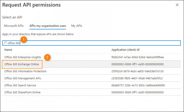 Finding the Exchange Online API.