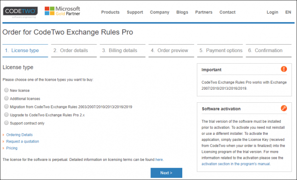 CodeTwo order page