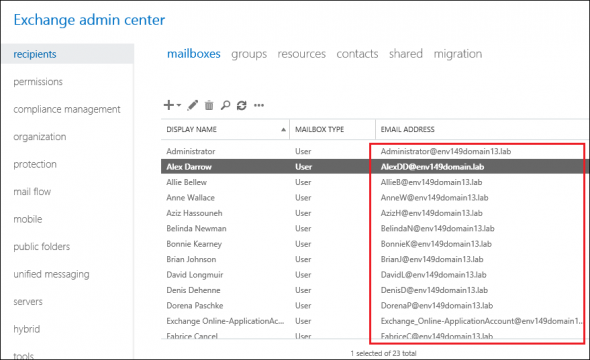 Finding the primary SMTP address in the Exchange admin center – on-premises Exchange server.
