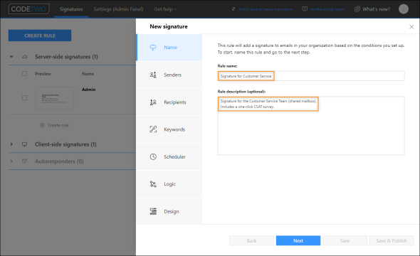 Providing a name and description of a signature rule.