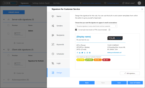 Previewing your server-side email signature template.