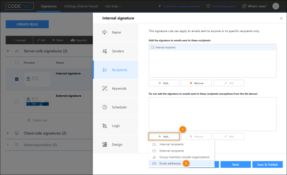 Creating an exception to prevent emails sent to specific email address from receiving signatures.