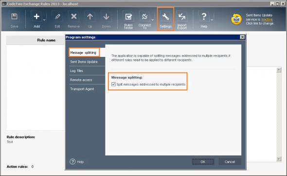 The message splitting settings in CodeTwo Exchange Rules 2013 1.x.