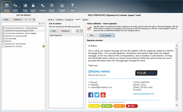 Email signature preview in the action tab.
