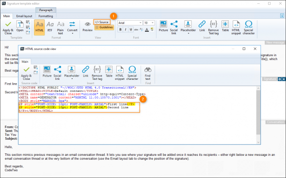 Editing the HTML code in the CodeTwo Exchange Rules built-in editor.