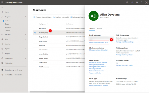 Selecting a user and editing the SMTP email address.