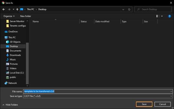 Defining a name and location of the exported signature template.