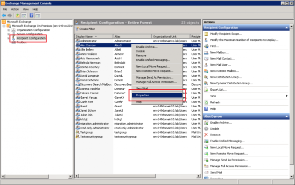 Locating a user in the Exchange Management Console.