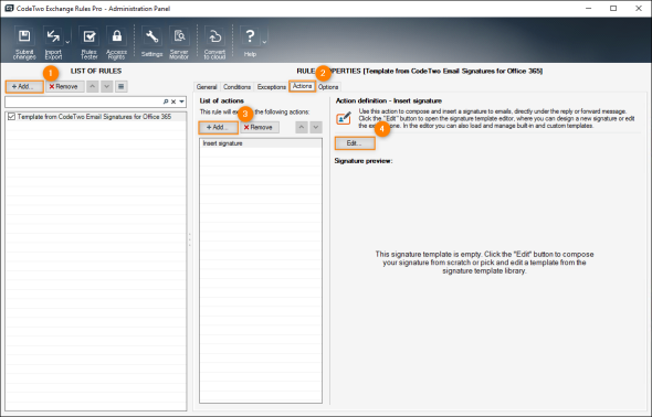 Creating a new rule and launching the signature template editor in CodeTwo Exchange Rules Pro.