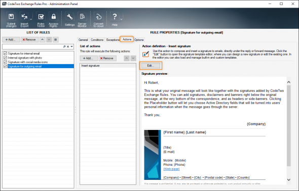 Editing the email signature rule.
