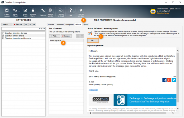 Choosing a signature rule and opening its signature template it in the editor.