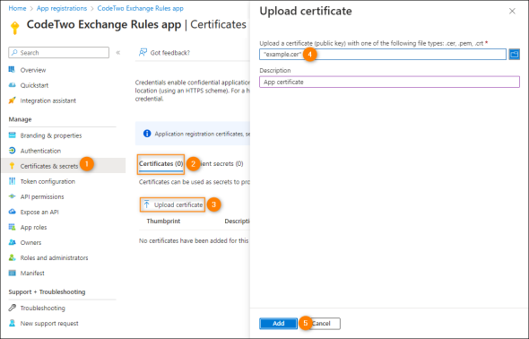 Assigning a certificate in Azure AD.