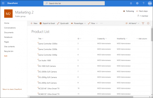 A restored SharePoint list with some default columns made visible