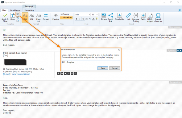 Locating the Save as template button in the editor.