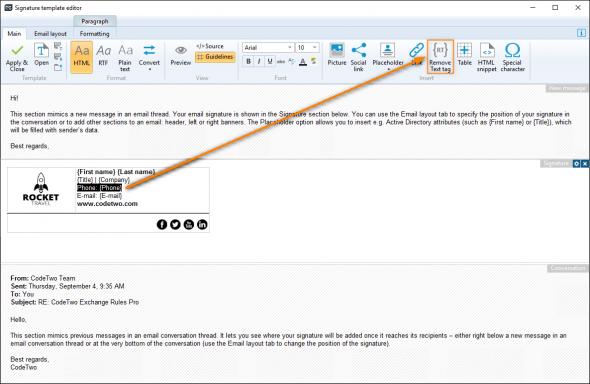 The Remove Text tag button in the editor of the Exchange Rules software family.