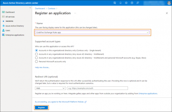 Registering the CodeTwo application with Azure AD.