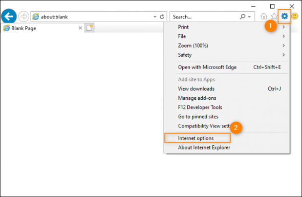 Opening Internet options in Internet Explorer.