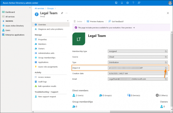 Copying the group’s Object ID value from the Azure Active Directory admin center.