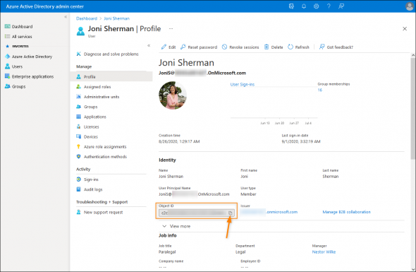 Copying the user’s Object ID value from the Azure Active Directory admin center.
