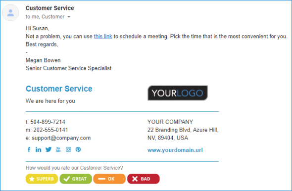 A signature inserted to an email sent from a shared mailbox.